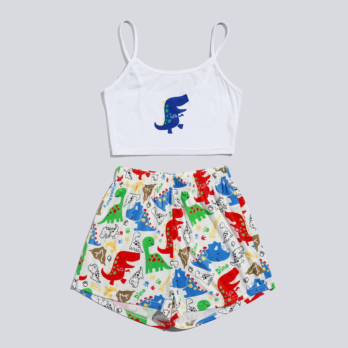 

Cartoon Dinosaur Print PJ Set, Multicolor
