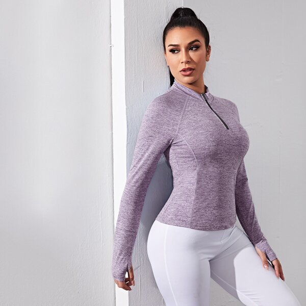 Thumb Holes Half Zipper Sports Sweatshirt, Lilac purple