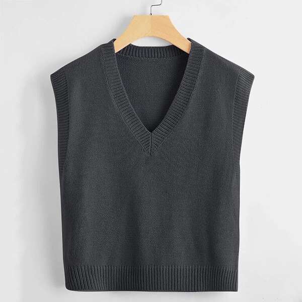 

V Neck Solid Sweater Vest, Dark grey