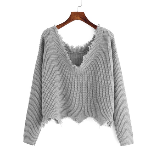 Drop Shoulder Raw Cut Edge Sweater, Grey