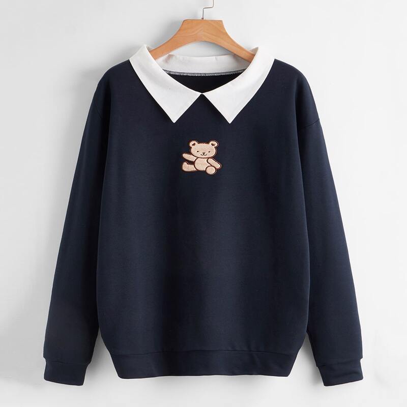 

Bear Embroidery Contrast Collar Sweatshirt, Navy blue