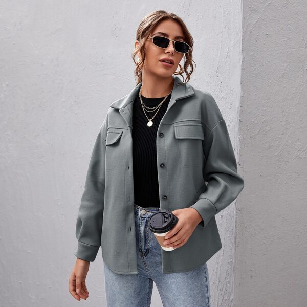 

Button Front Drop Shoulder Solid Coat, Dark grey
