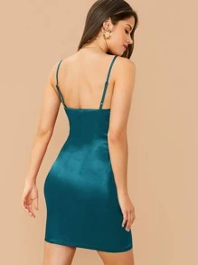 SHEIN Belle Vestido de tirante de satén de cuello desbocado - Azul - Ver 2