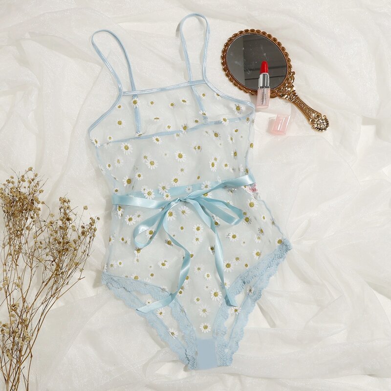 Lace Floral Belted Sheer Teddy Bodysuit, Blue