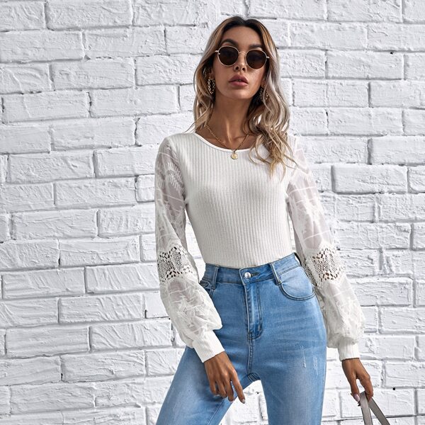 

Guipure Lace Insert Embroidered Sheer Lantern Sleeve Top, White