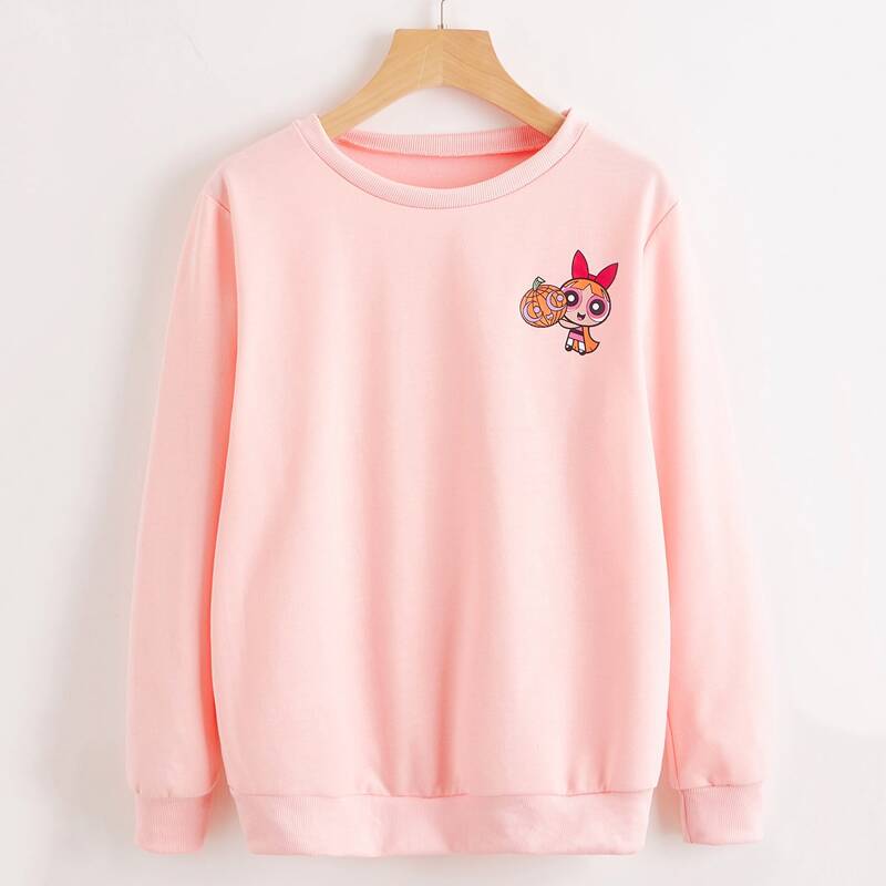

ROMWE X The Powerpuff Girls Pumpkin Graphic Sweatshirt, Baby pink