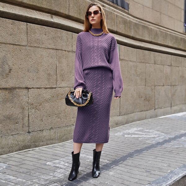 

Drop Shoulder Sweater & Split Back Knit Skirt, Purple