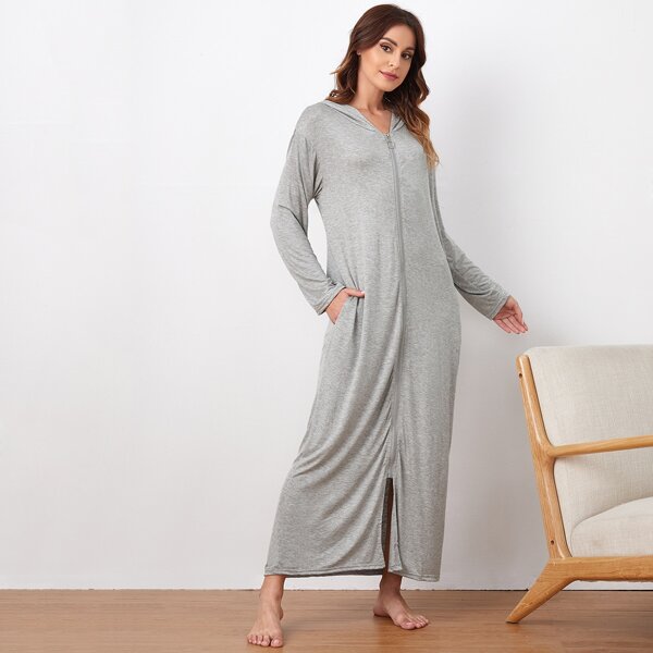 

O-ring Zip Up Hooded Lounge Robe, Light grey