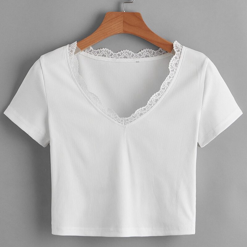 

Solid Contrast Lace Crop Tee, White