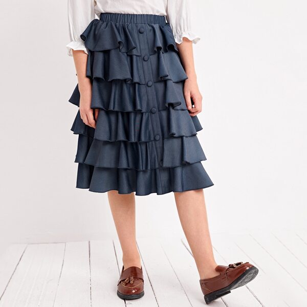 

Girls Single Breasted Front Layered Ruffle Hem Skirt, Navy blue