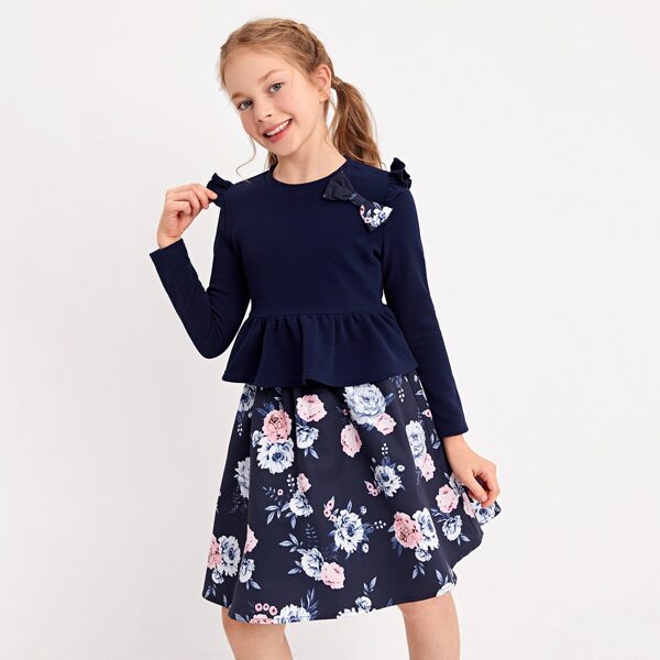

Girls Bow Detail Peplum Top & Floral Print Skirt Set, Navy blue