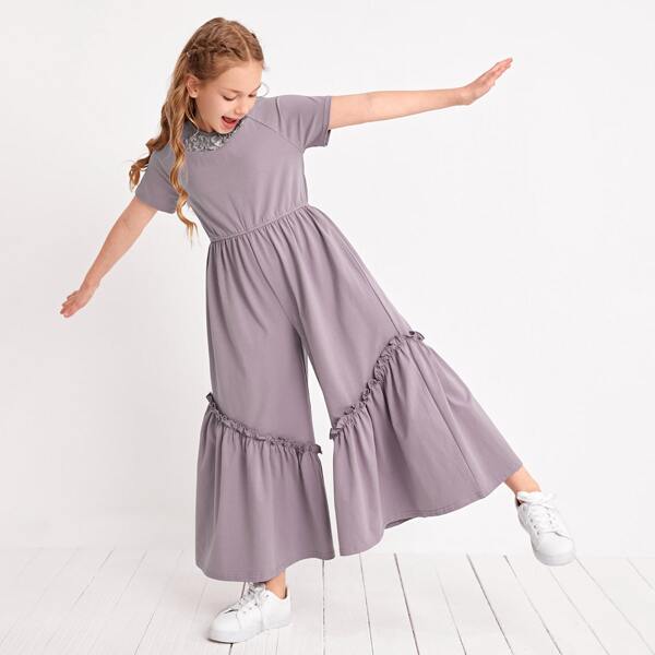

Girls Lace Insert Frill Detail Super Wide Leg Jumpsuit, Mauve purple