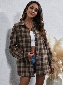 SHEIN Frenchy Plaid Print Button Front Overshirt - Multicolor - View 3