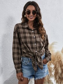 SHEIN Frenchy Plaid Print Button Front Overshirt - Multicolor - View 4