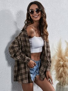 SHEIN Frenchy Plaid Print Button Front Overshirt - Multicolor - View 5