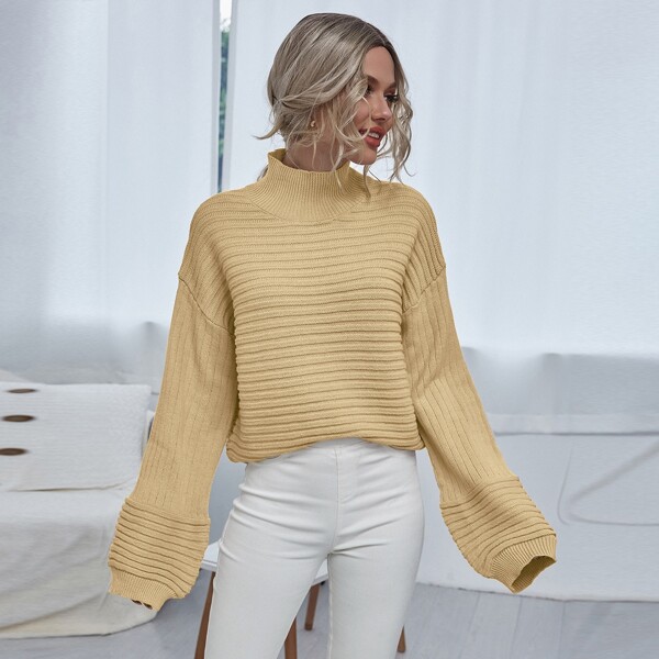 

High Neck Drop Shoulder Rib-knit Sweater, Khaki