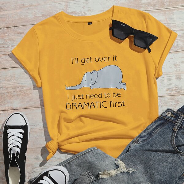 Cartoon Elephant & Slogan Graphic Tee, Mustard yellow