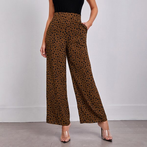 

Zipper Fly Allover Dalmatian Print Palazzo Pants, Coffee brown