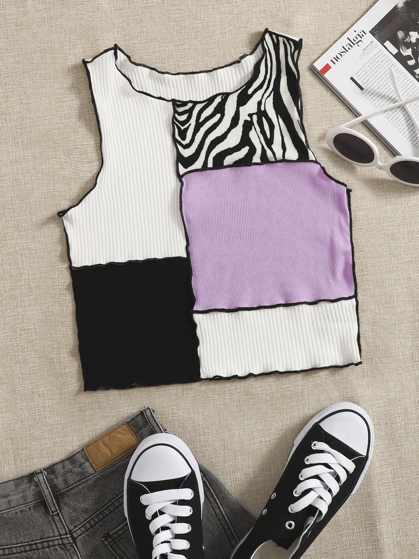 Lettuce Trim Contrast Stitch Patchwork Tank Top thumbnail