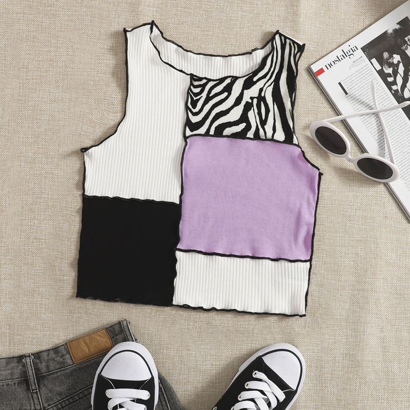 

Lettuce Trim Contrast Stitch Patchwork Tank Top, Multicolor