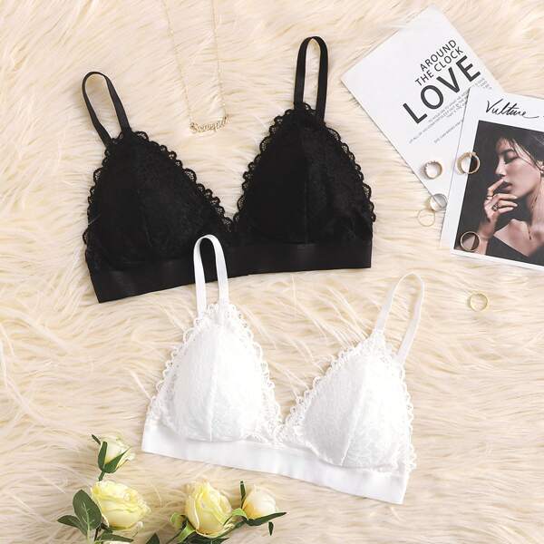 

2pack Floral Lace Triangle Bra Set, Black and white