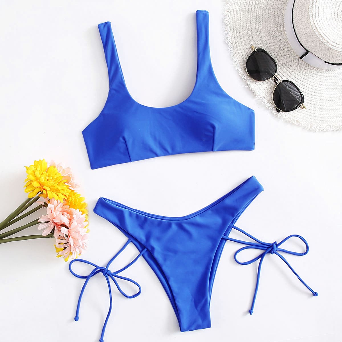 

Solid High Cut Bikini Swimsuit, Blue
