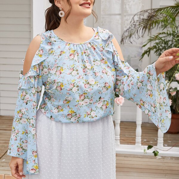 

Plus Cold Shoulder Allover Floral Blouse, Multicolor