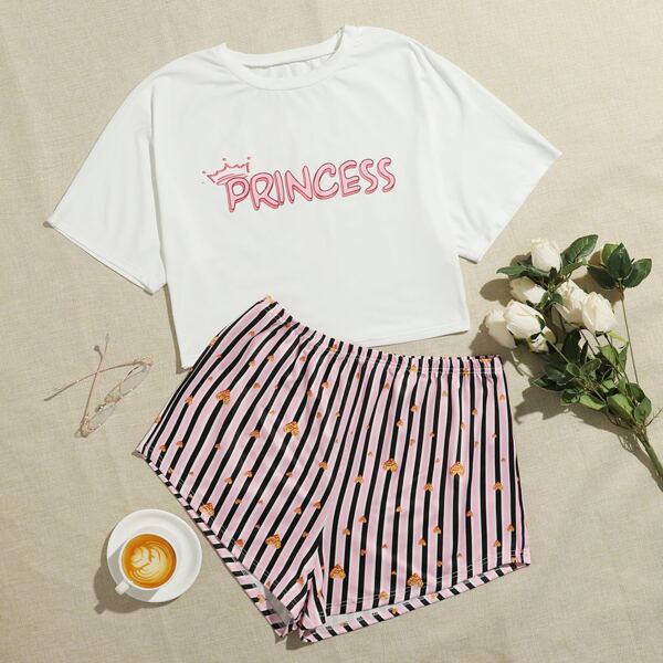 

Plus Letter & Stripe Print Pajama Set, Multicolor