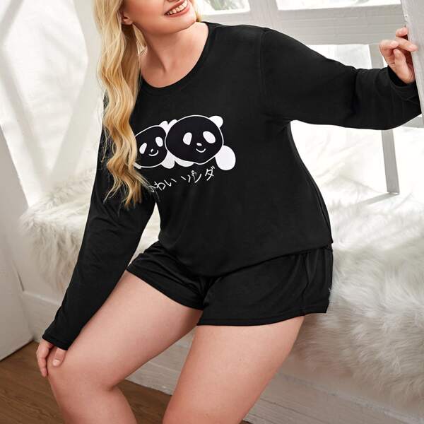 

Plus Japanese Letter & Cartoon Graphic PJ Set, Black