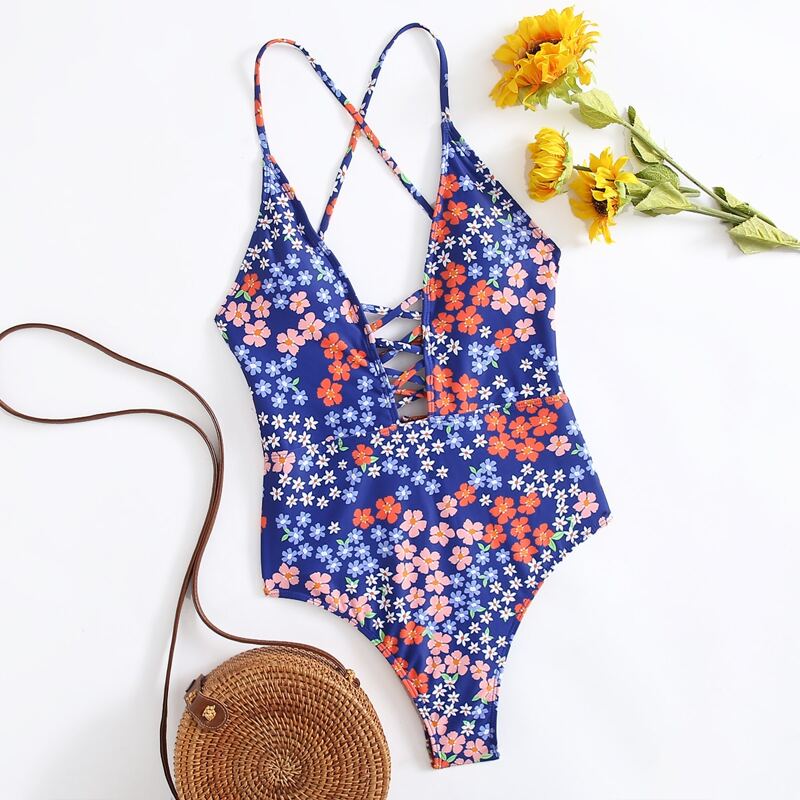

Ditsy Flower Criss Cross One Piece Swimsuit, Multicolor