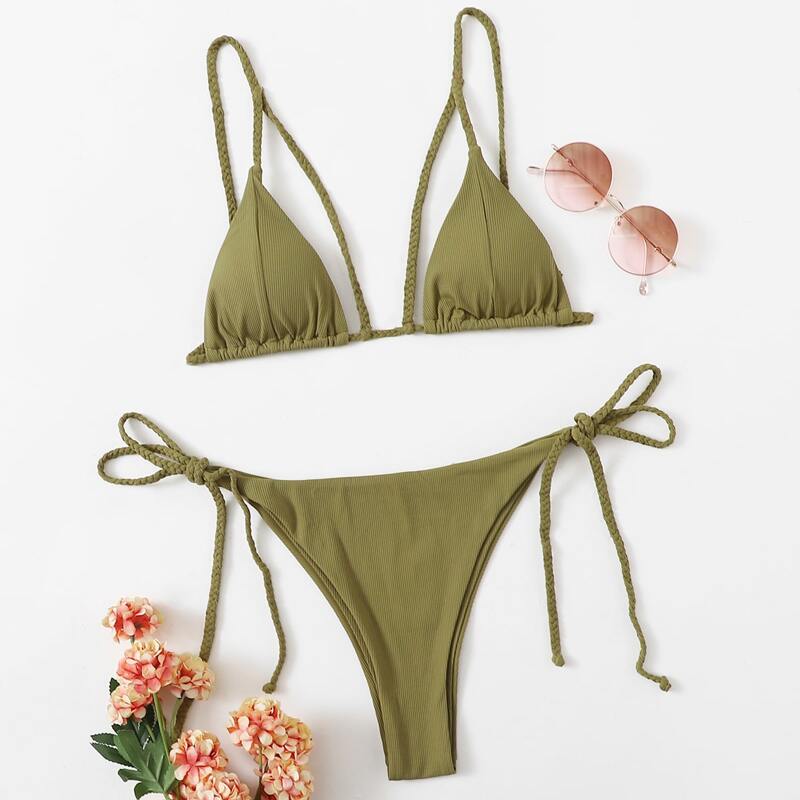 

Solid Triangle Tie Side Bikini Swimsuit, Army green
