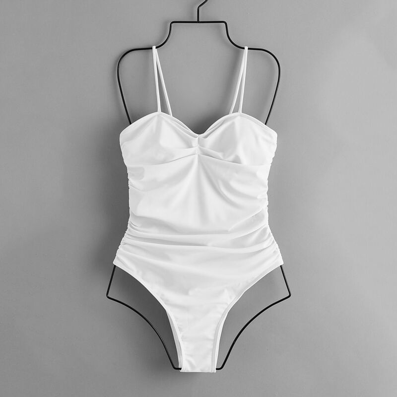 

Solid Ruched One Piece Swimsuit, White