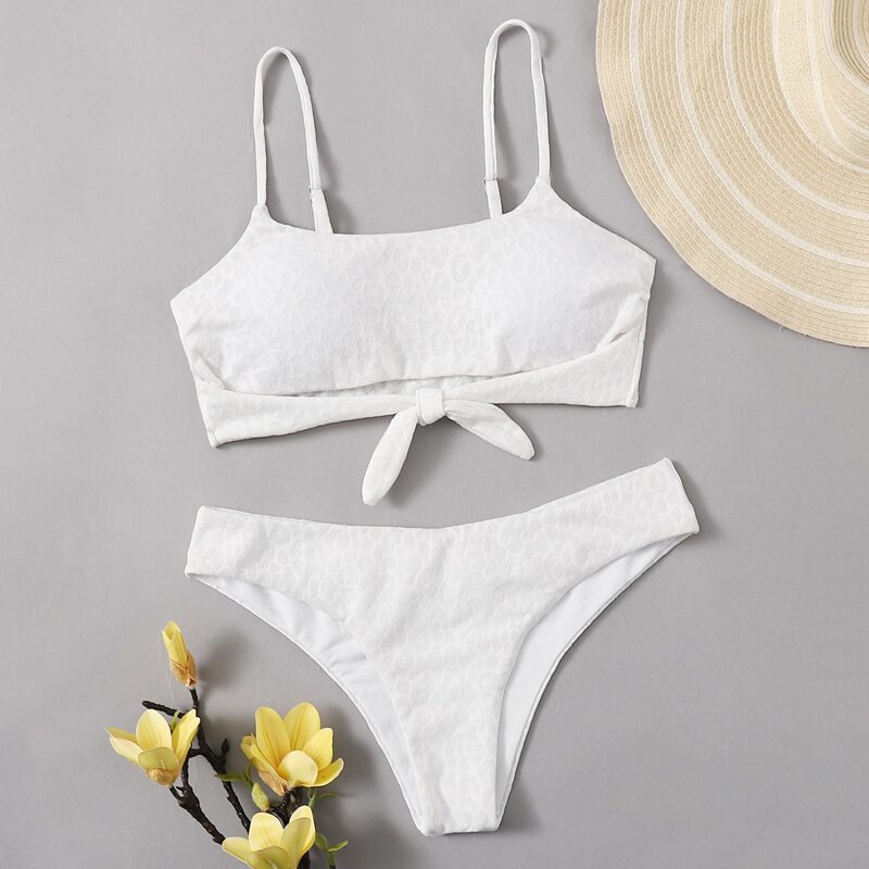 

Solid Leopard Knot Bikini Swimsuit, White