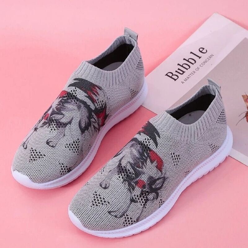

Wolf Print Slip On Knit Sneakers, Grey