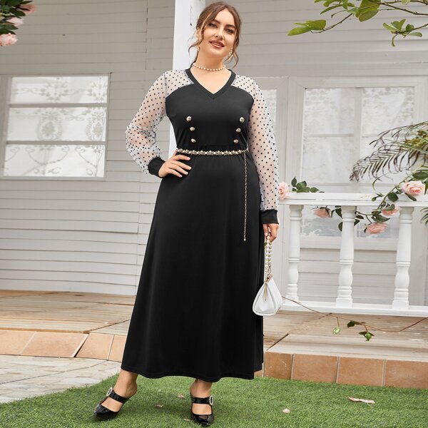 

Plus Dobby Mesh Sleeve Double Button Maxi Dress, Black