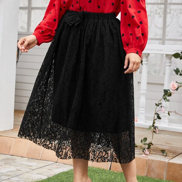

Plus Bow Front Flared Lace Skirt, Black