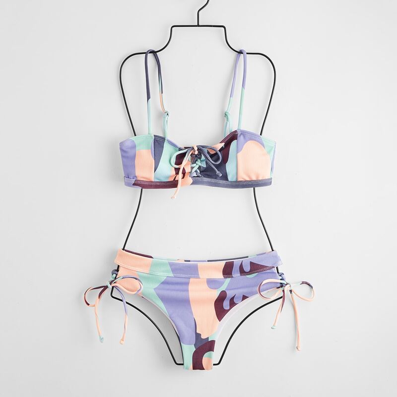 

Colorblock Lace Up Tie Side Bikini Swimsuit, Multicolor