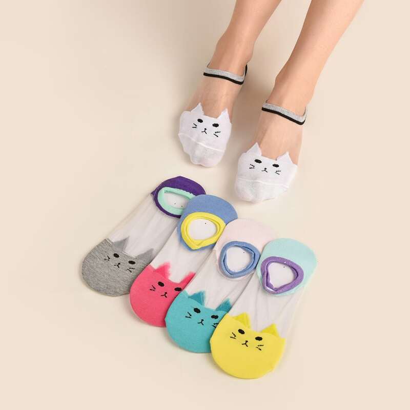 

5pairs Cat Print Mesh Ankle Socks, Multicolor