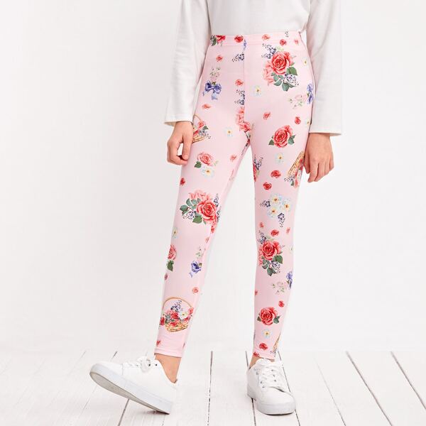 

Girls Floral Print Leggings, Baby pink