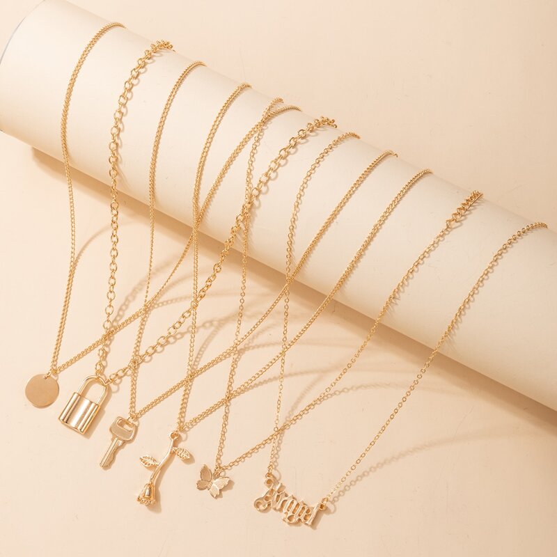 

6pcs Letter & Butterfly Chain Necklace, Gold