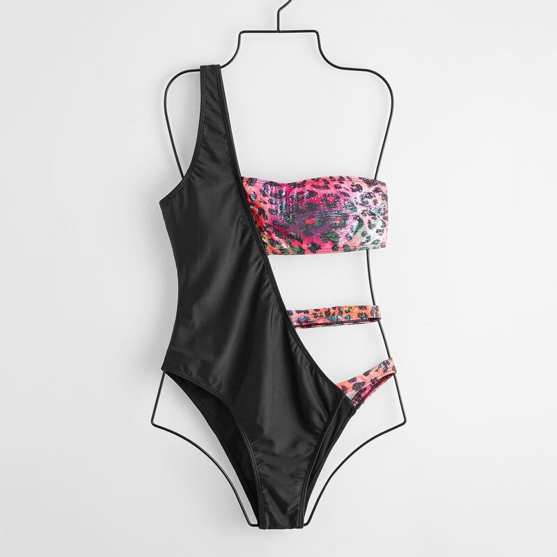 

One Shoulder Leopard One Piece Swimsuit, Multicolor