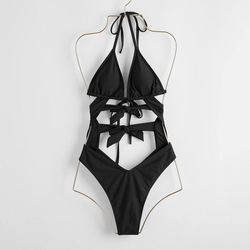 

Solid Tie Back One Piece Bikini Swimsuit, Black