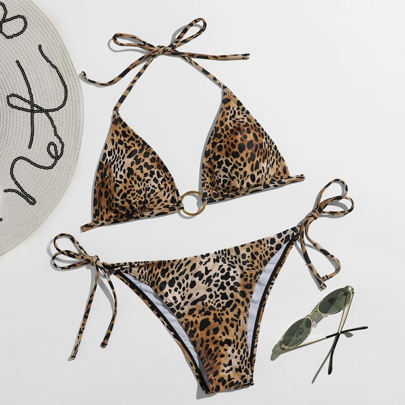 

Leopard Ring Halter Tie Side Bikini Swimsuit, Multicolor