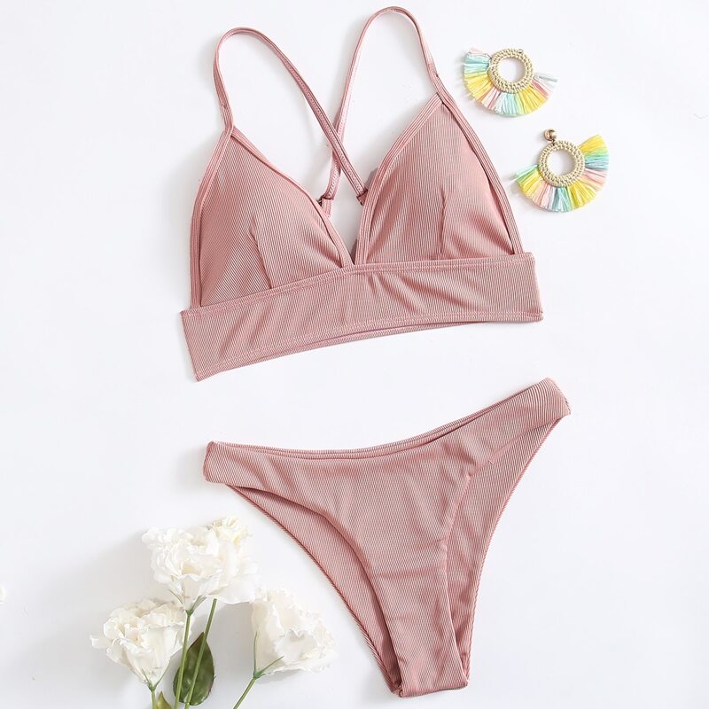 

Solid Triangle Criss Cross Bikini Swimsuit, Dusty pink