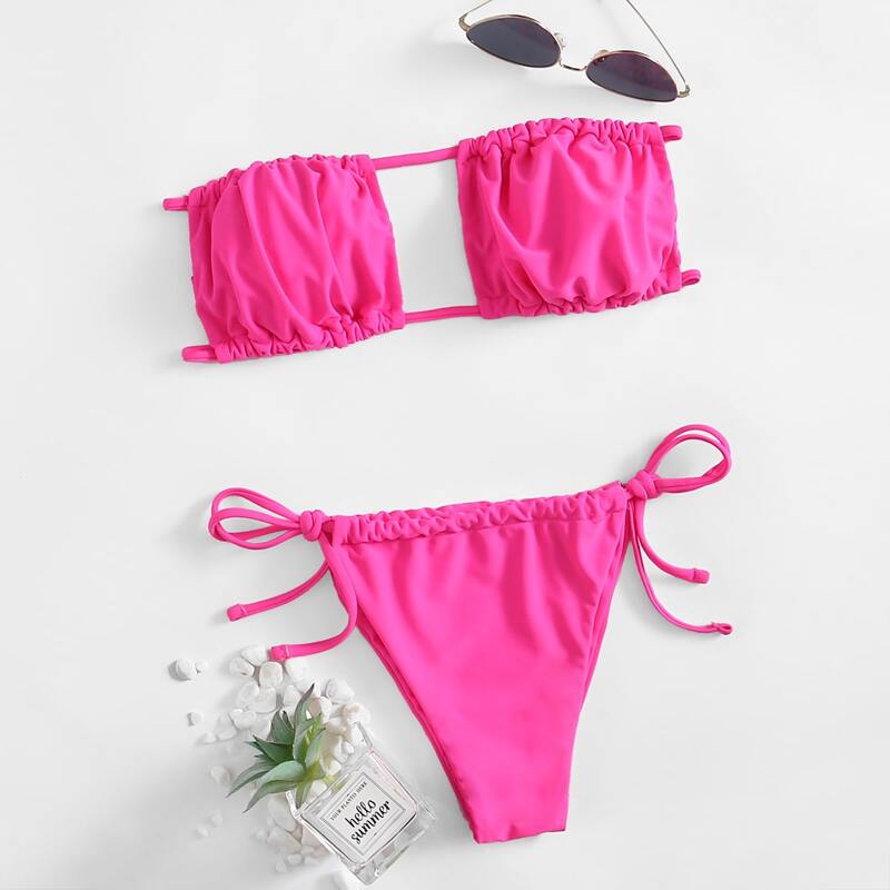 

Solid Cut Out Bikini Swimsuit, Hot pink