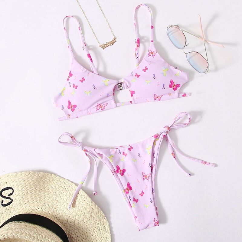 

Butterfly Print Tie Side Bikini Swimsuit, Pink