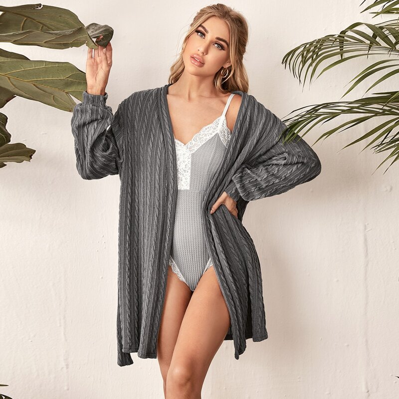 

Solid Belted Lounge Robe Without Bodysuit, Dark grey