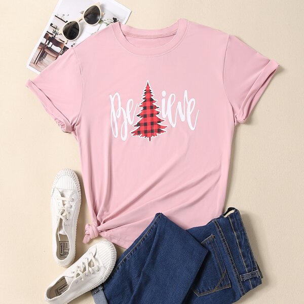

Plus Christmas & Letter Graphic Tee, Baby pink