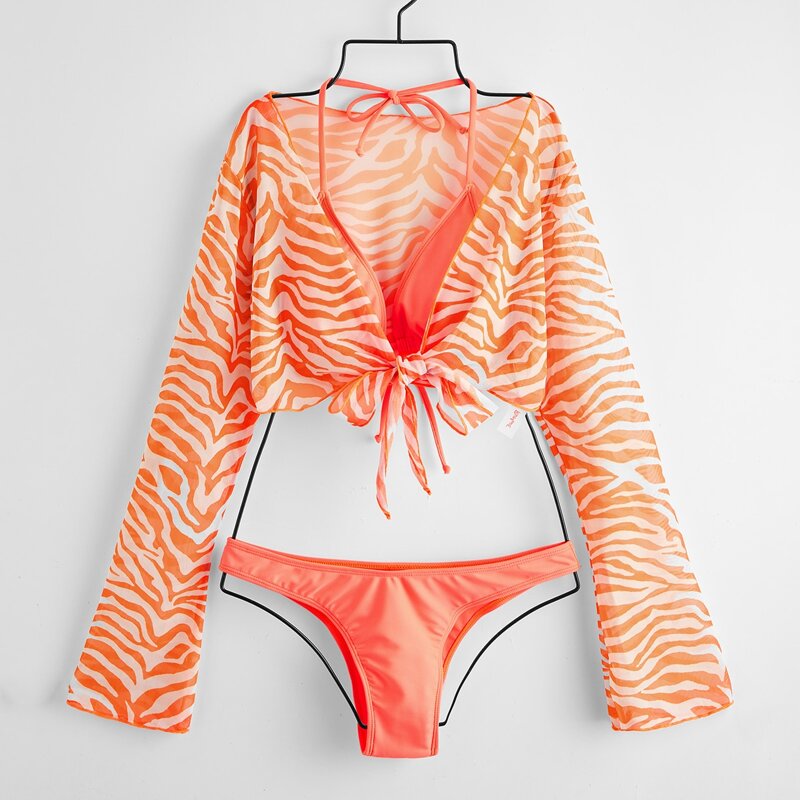 

Zebra Print Kimono & Solid Halter Bikini Swimsuit, Orange