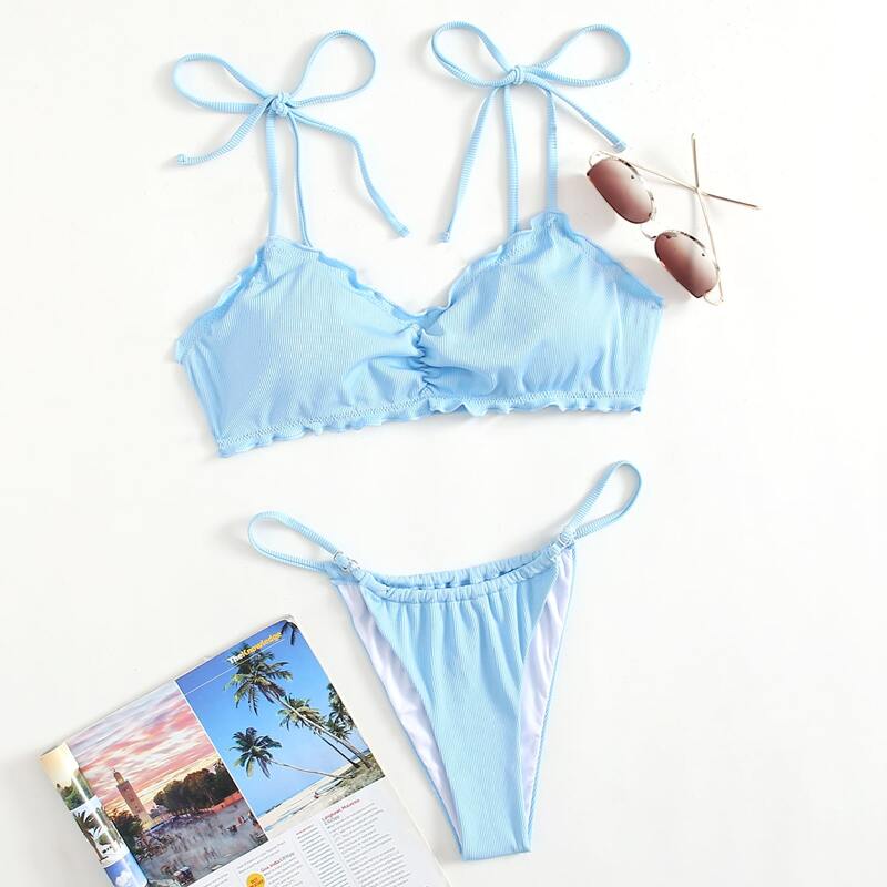 

Solid Frill Thong Bikini Swimsuit, Baby blue